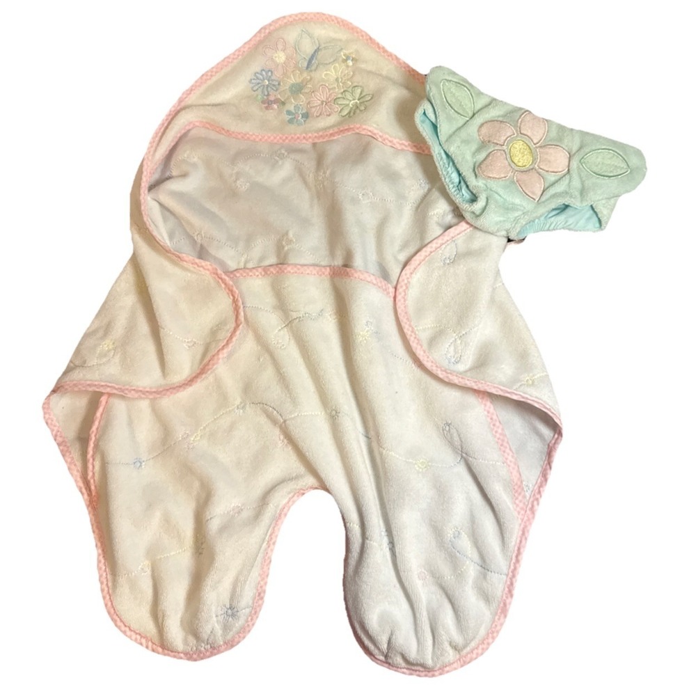 American Girl Bitty Baby White/Pink Hooded Tie Towel & Teal Green Diaper Cover